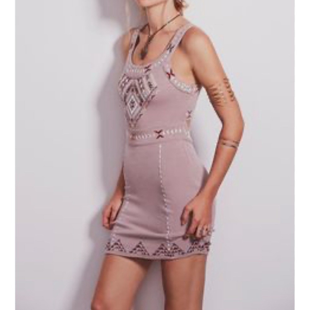 Free People Dress Small Pink Emboidered Mini Cut Out Sun Boho Festival Knit